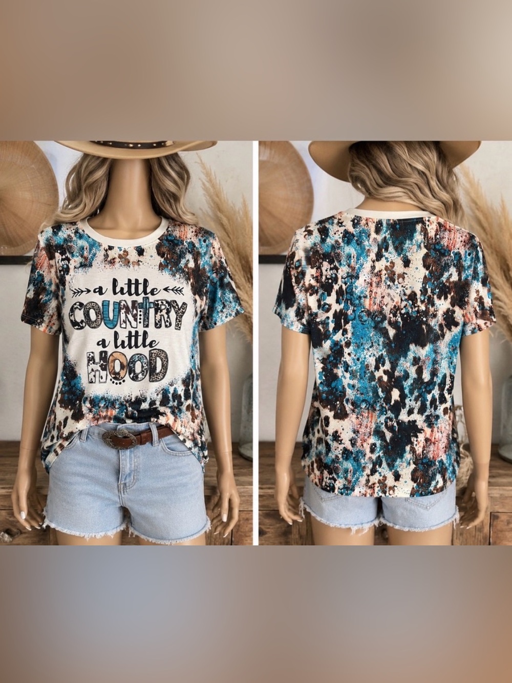 🆕 BRAND NEW A Little Country A Little Hood Tie-Dye Graphic Tee - Cream Blue Blac